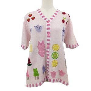 Quacker‎ Factory Pink Applique Knit Cardigan Fruit Novelty Cottagecore M